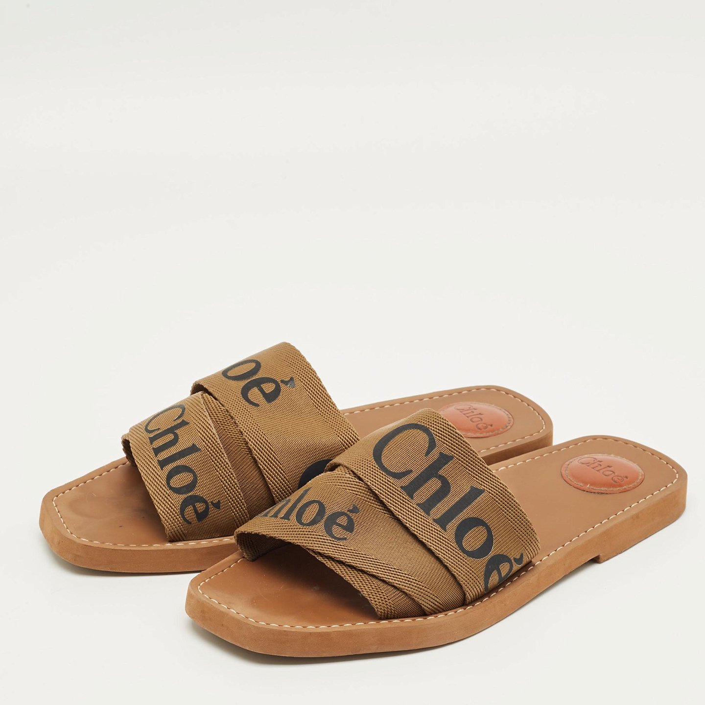 Brown Canvas Logo Ribbon Woody Flat Slide Sandals 2