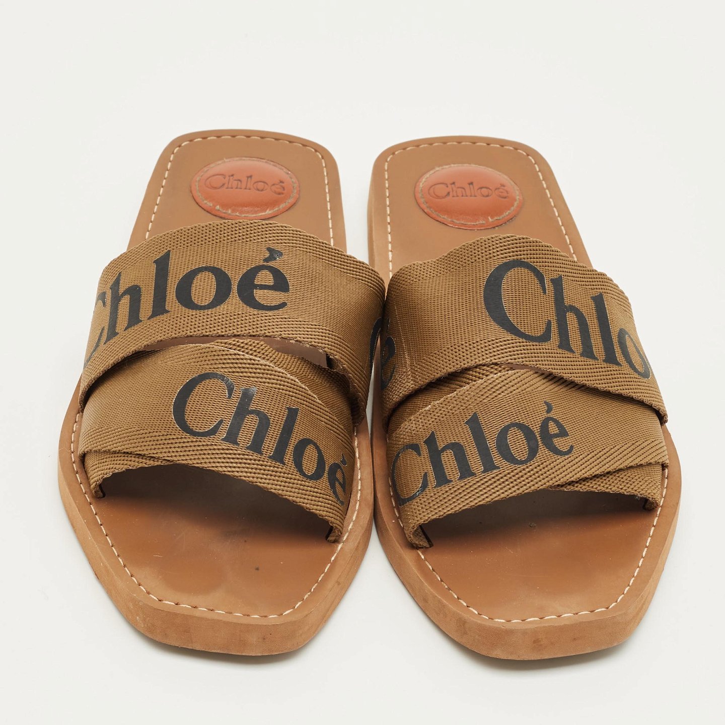 Brown Canvas Logo Ribbon Woody Flat Slide Sandals 4