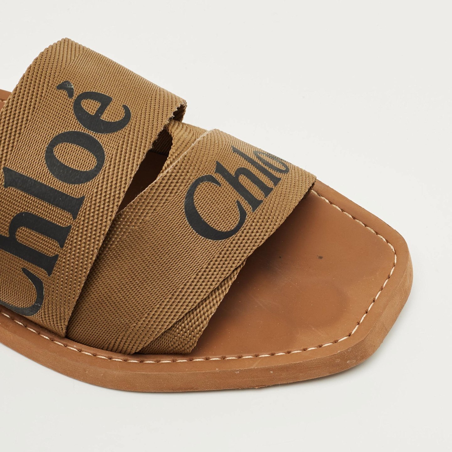 Brown Canvas Logo Ribbon Woody Flat Slide Sandals 8