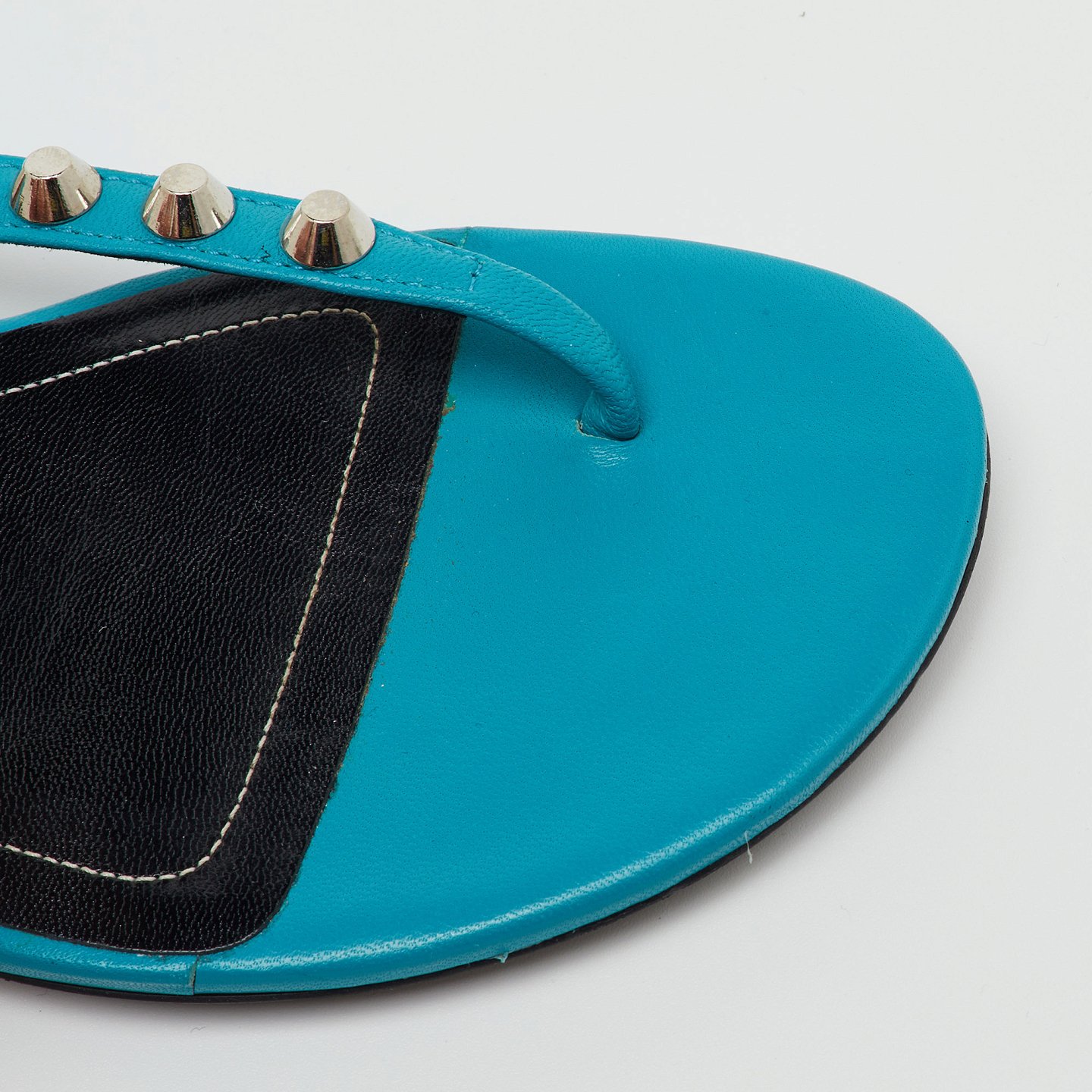 Blue Leather Arena Studded T-Strap Flat Sandals 4
