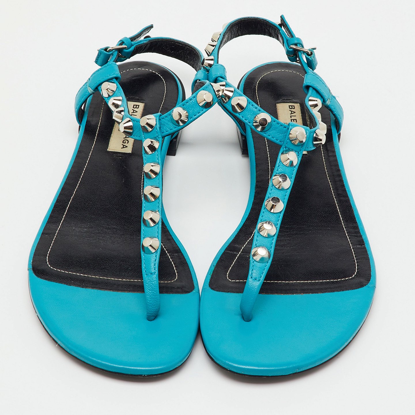 Blue Leather Arena Studded T-Strap Flat Sandals 8
