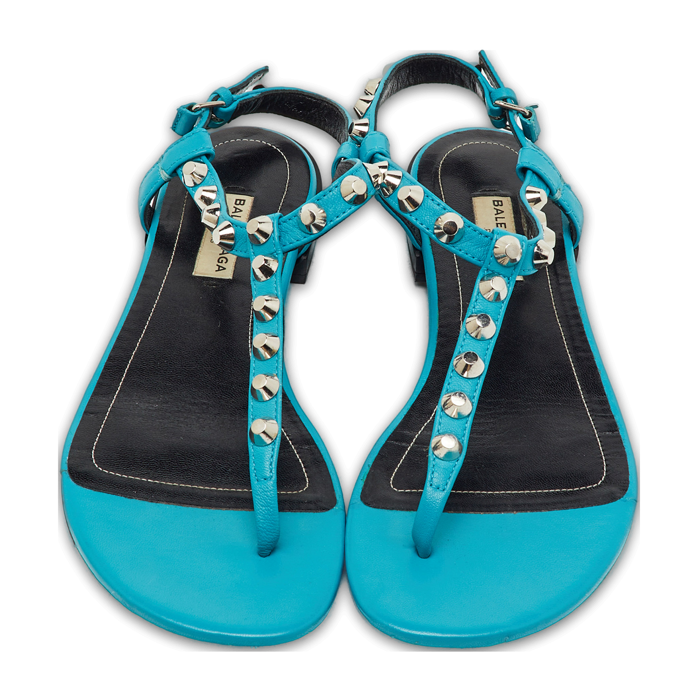Blue Leather Arena Studded T-Strap Flat Sandals 0