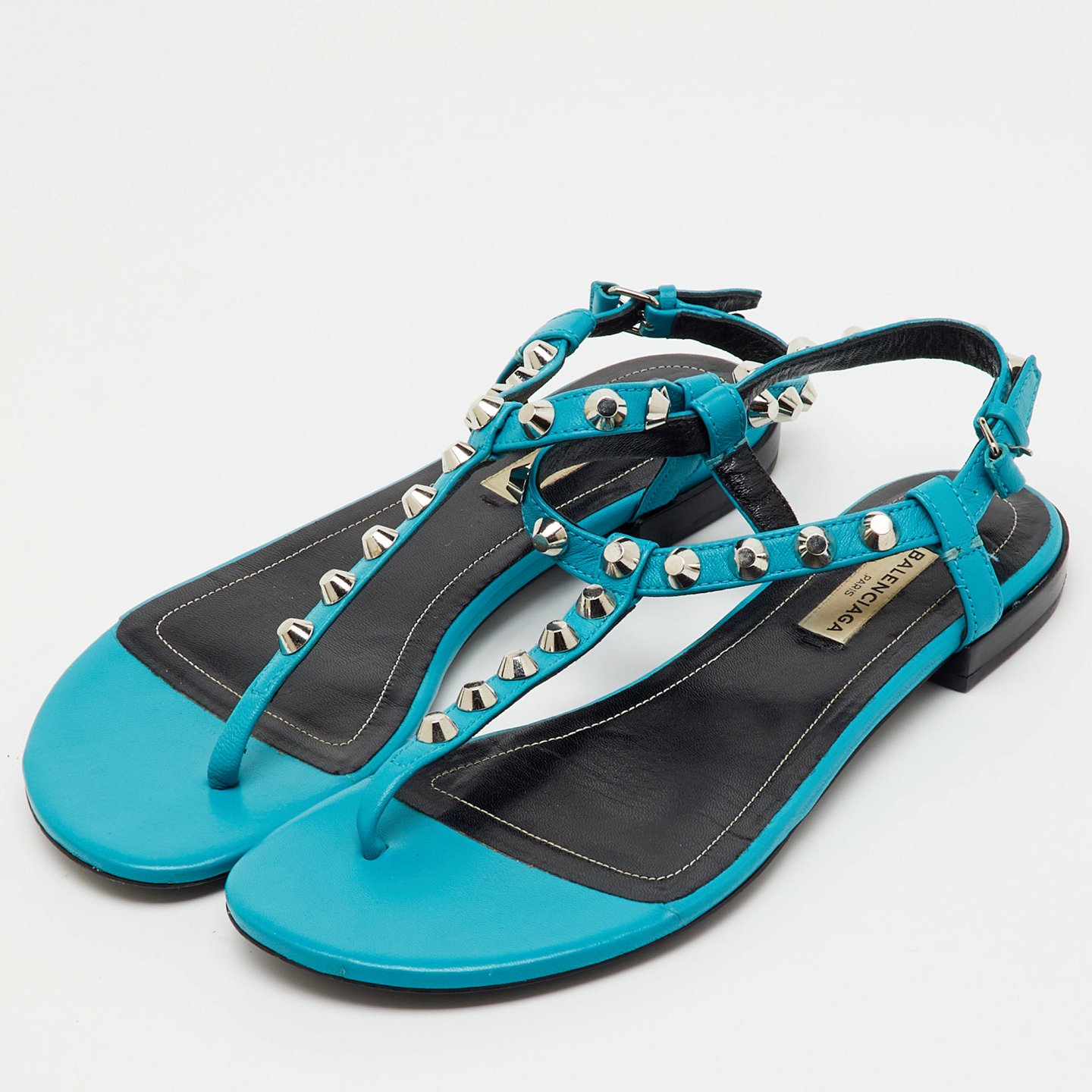 Blue Leather Arena Studded T-Strap Flat Sandals 1