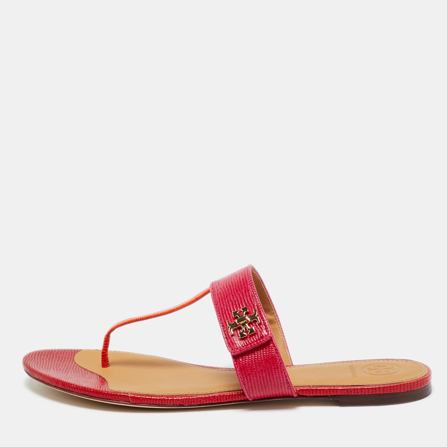 Kira Pink/Orange Lizard Embossed Leather Thong Flat Sandals 6