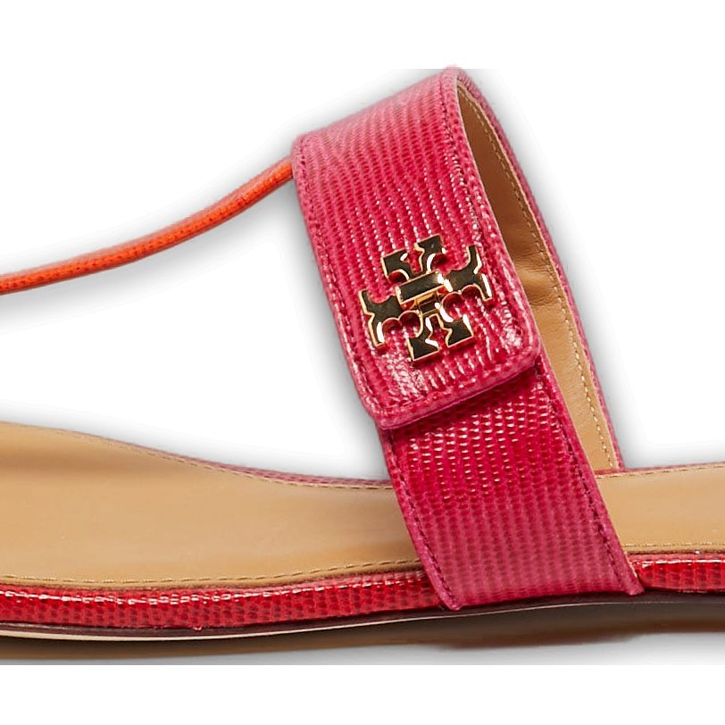 Kira Pink/Orange Lizard Embossed Leather Thong Flat Sandals 0