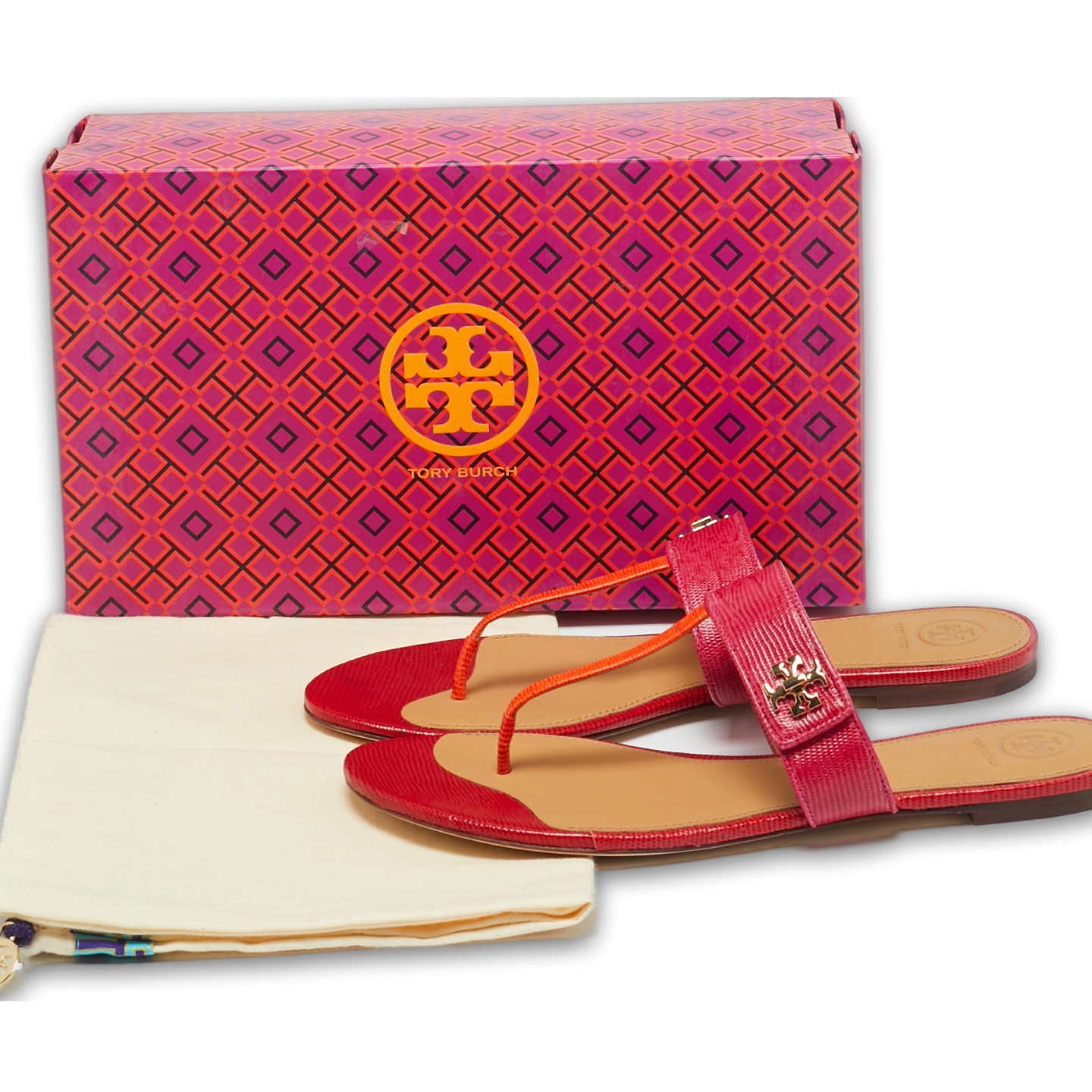 Kira Pink/Orange Lizard Embossed Leather Thong Flat Sandals 3