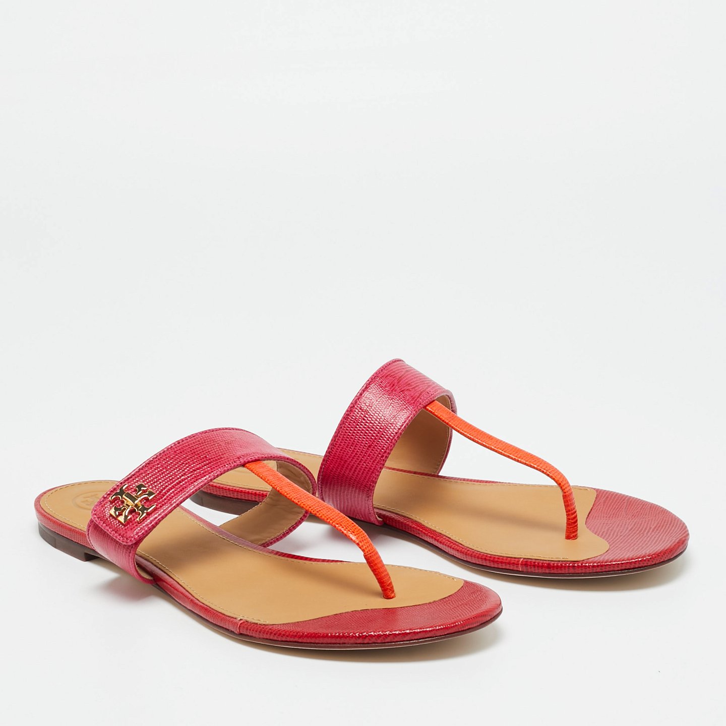 Kira Pink/Orange Lizard Embossed Leather Thong Flat Sandals 8