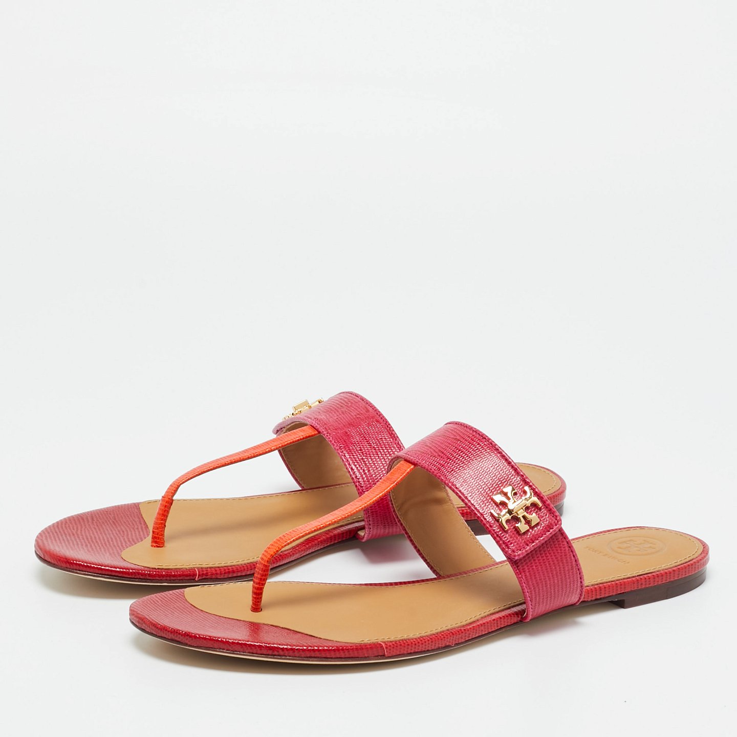 Kira Pink/Orange Lizard Embossed Leather Thong Flat Sandals 10