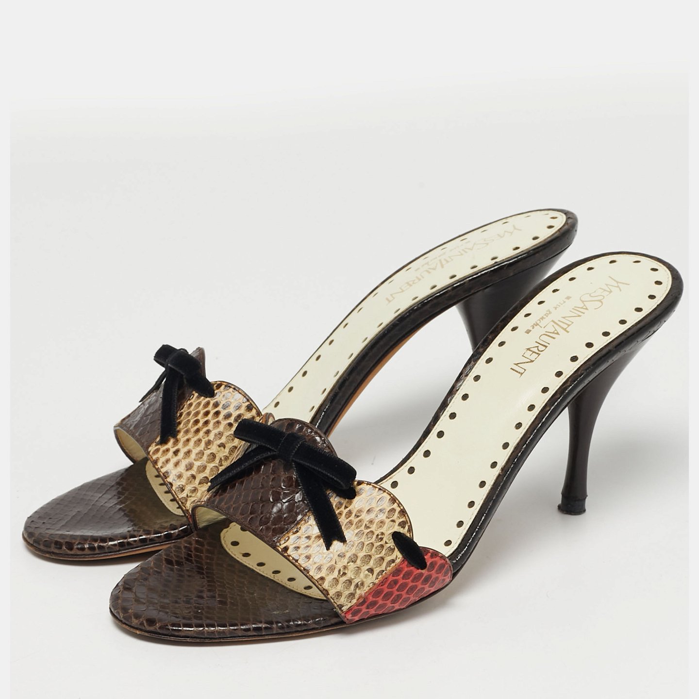 Multicolor Snakeskin Leather Bow Slide Sandals 4