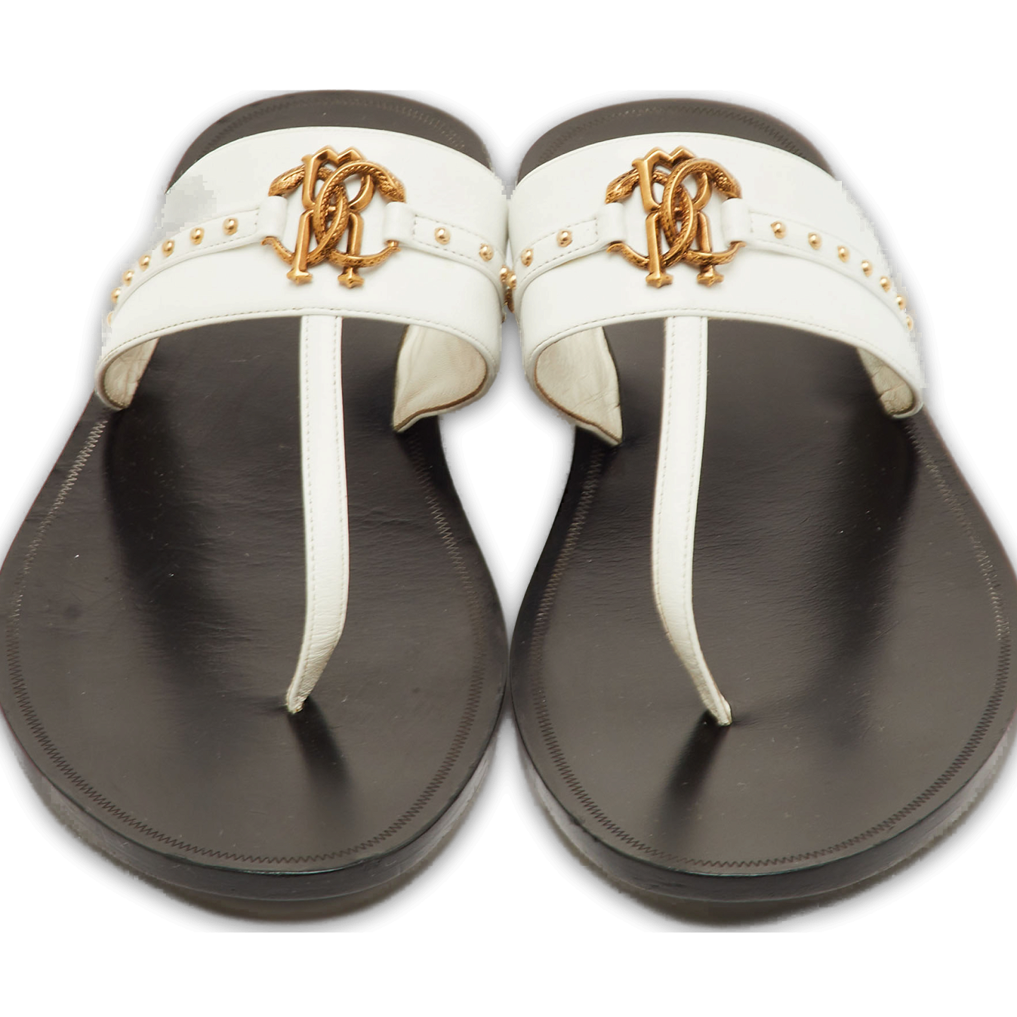 Studded White Leather Thong Flats 0