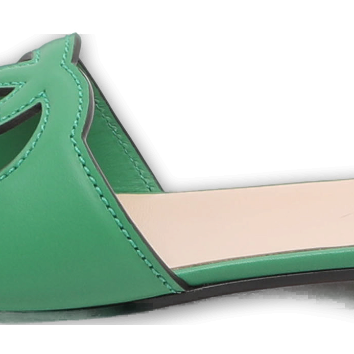 Interlocking GG Cutout Green Leather Flat Sandals 0