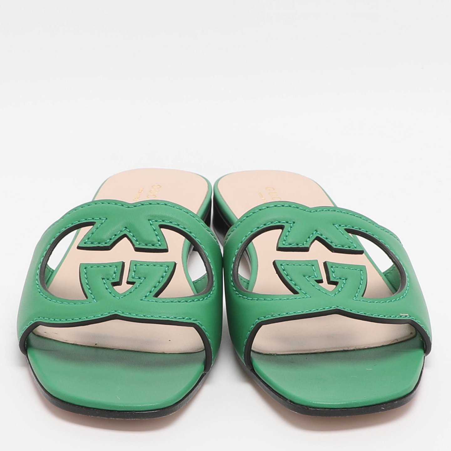Interlocking GG Cutout Green Leather Flat Sandals 4