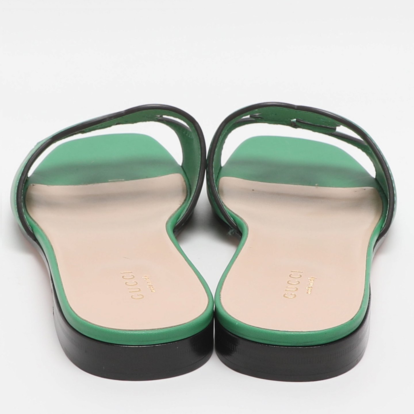 Interlocking GG Cutout Green Leather Flat Sandals 6