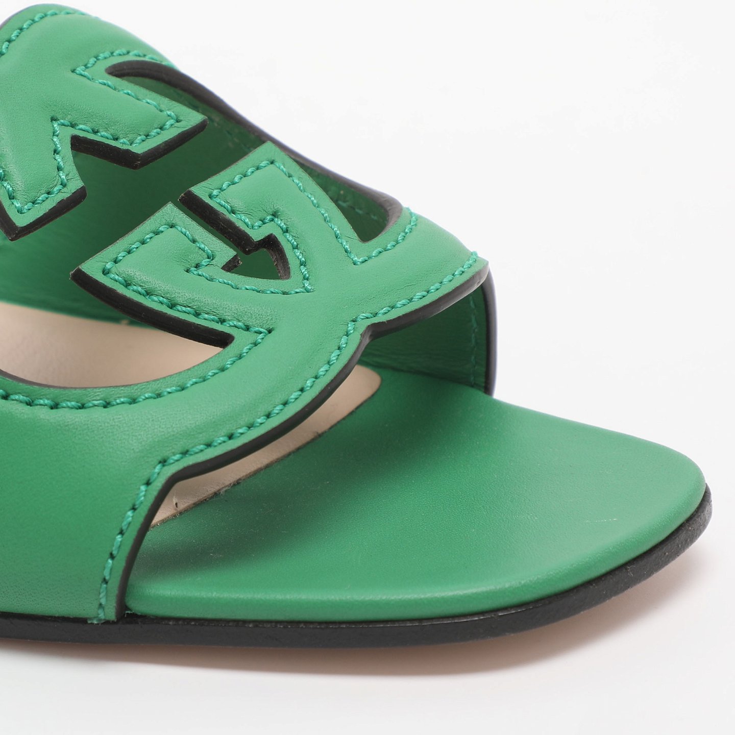 Interlocking GG Cutout Green Leather Flat Sandals 7