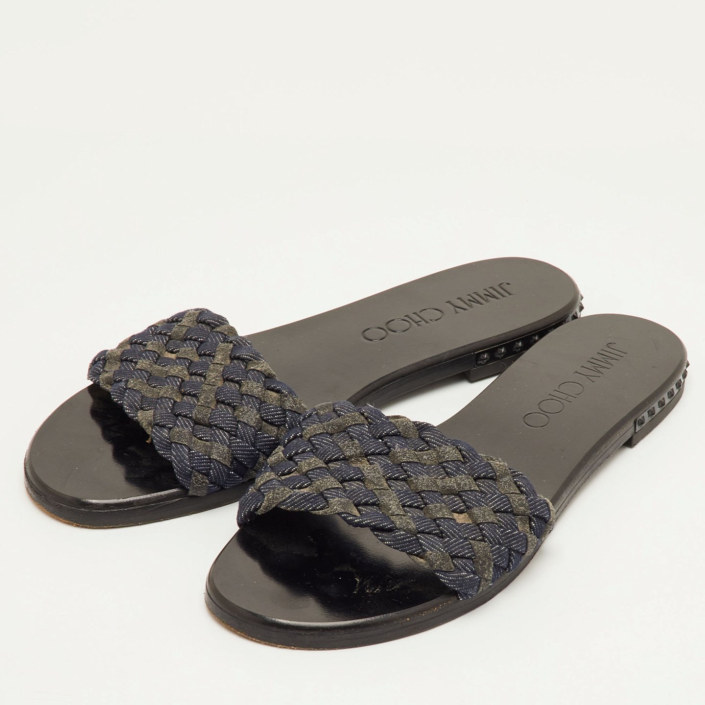 Jimmy Choo Navy Blue/Grey Woven Fabric Flat Slide Sandals Size 37 2