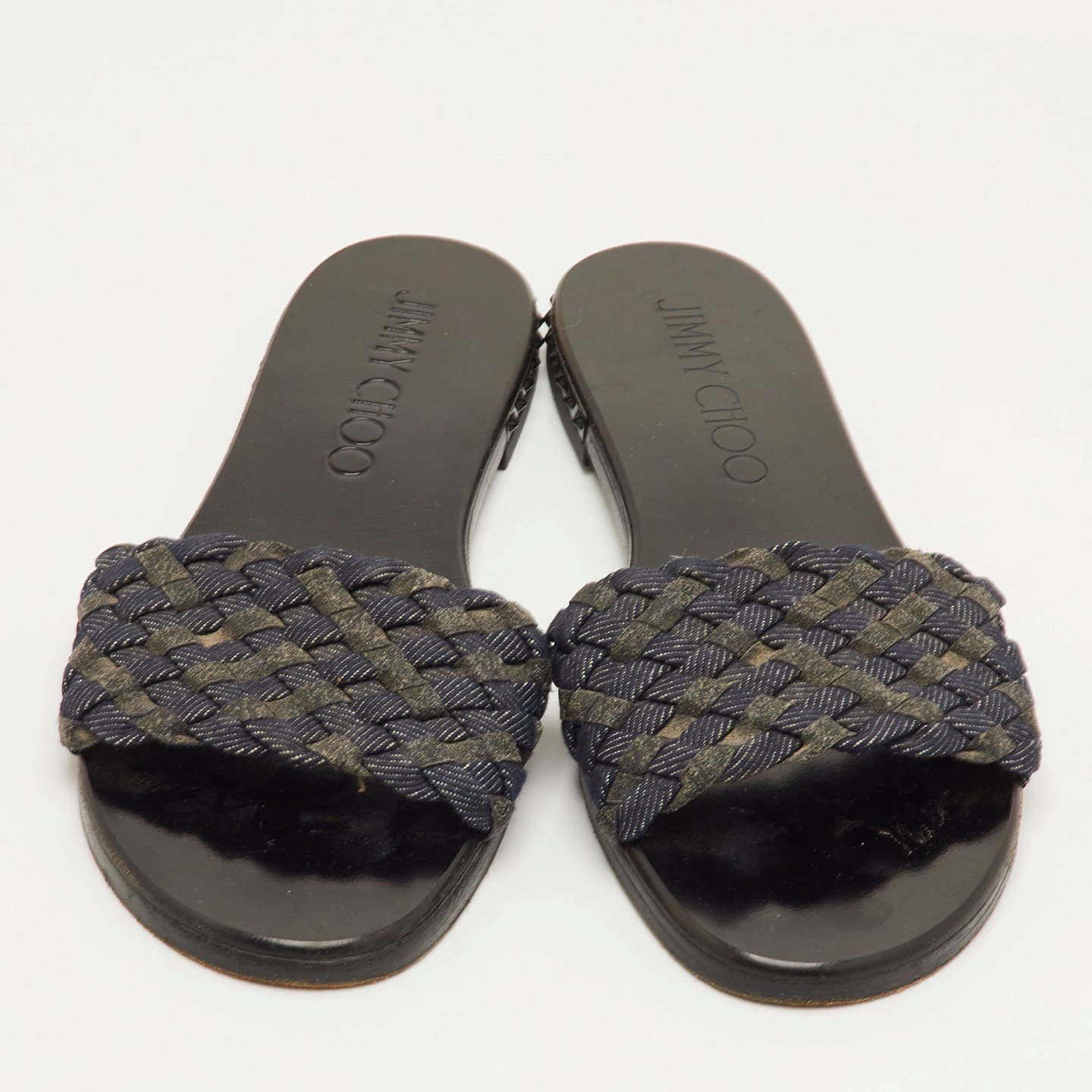 Jimmy Choo Navy Blue/Grey Woven Fabric Flat Slide Sandals Size 37 3