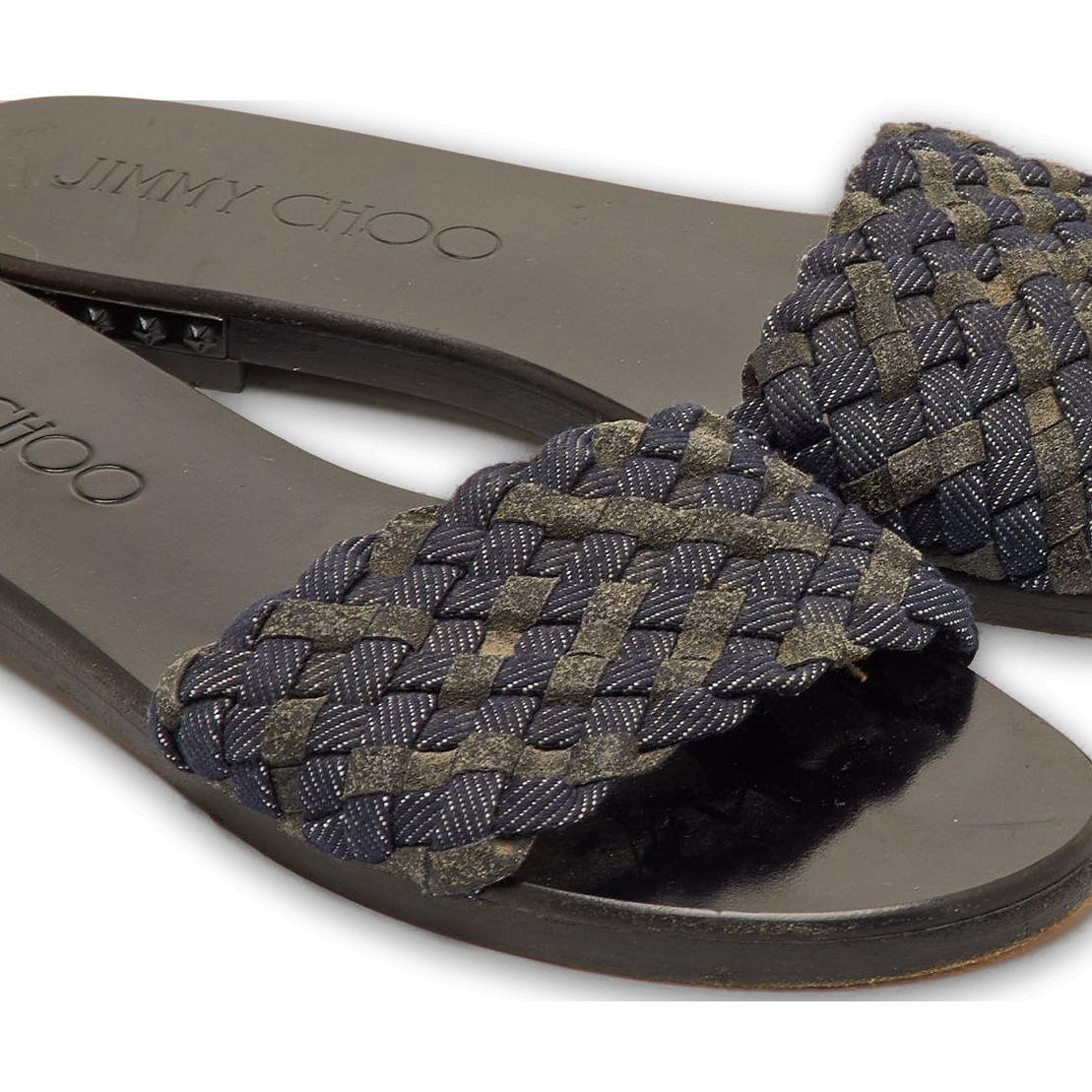 Jimmy Choo Navy Blue/Grey Woven Fabric Flat Slide Sandals Size 37 0