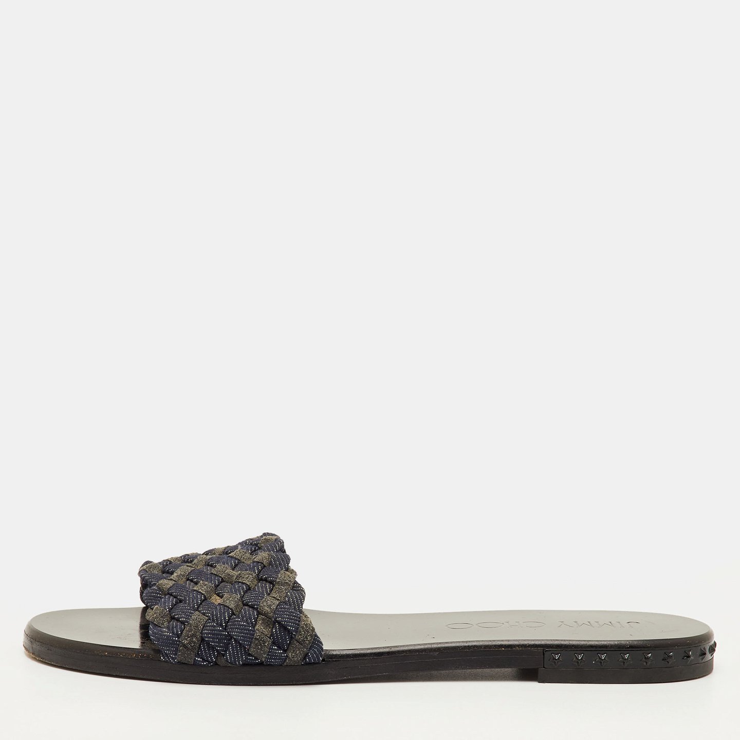 Jimmy Choo Navy Blue/Grey Woven Fabric Flat Slide Sandals Size 37 1