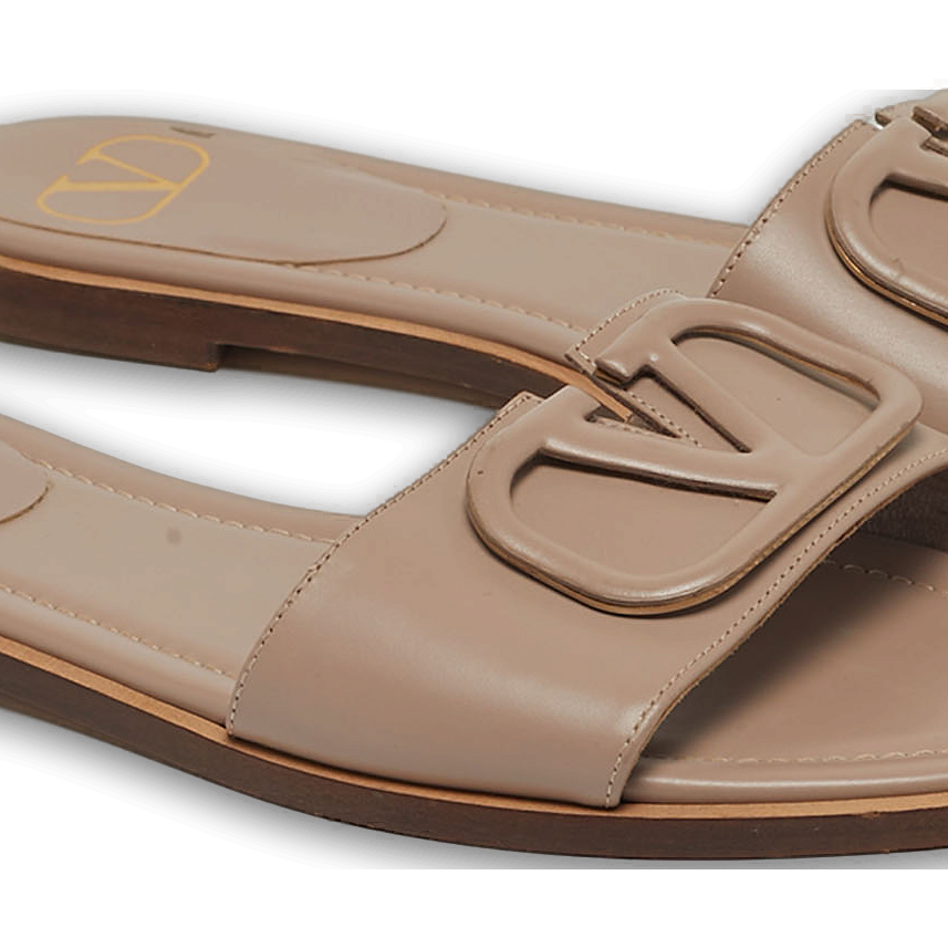 Escape V logo Beige Leather Flat Slides 4