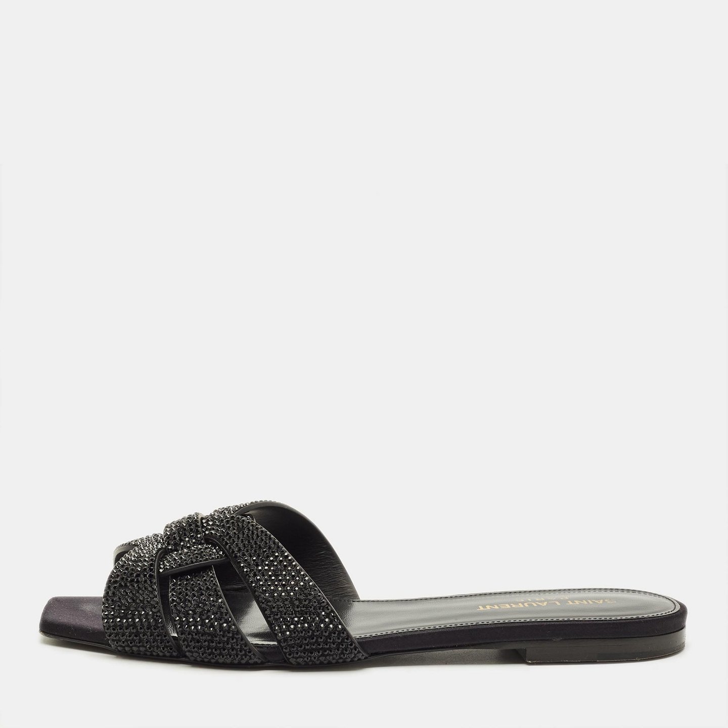 Tribute Black Leather Flat Slides 10