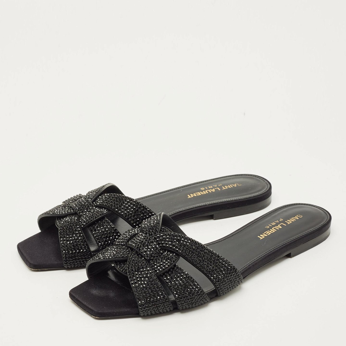 Tribute Black Leather Flat Slides 11
