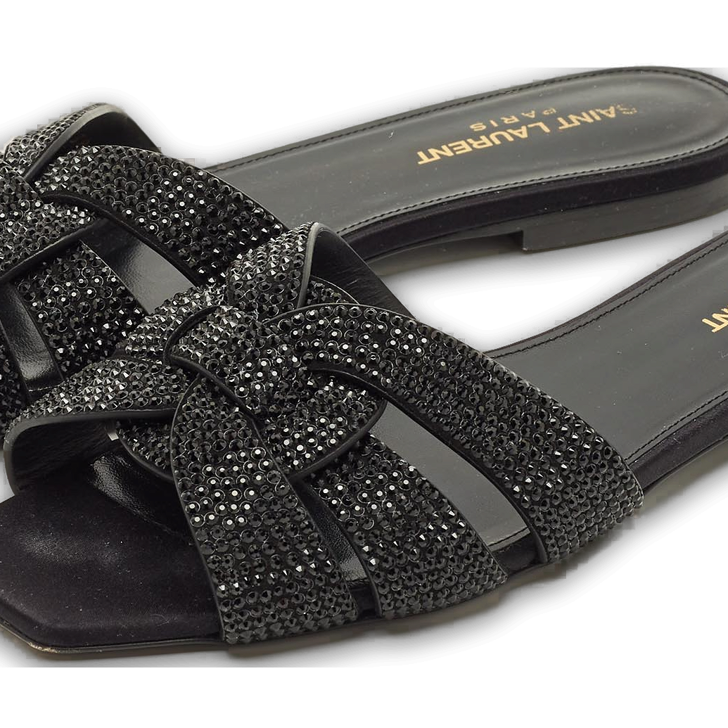Tribute Black Leather Flat Slides 1