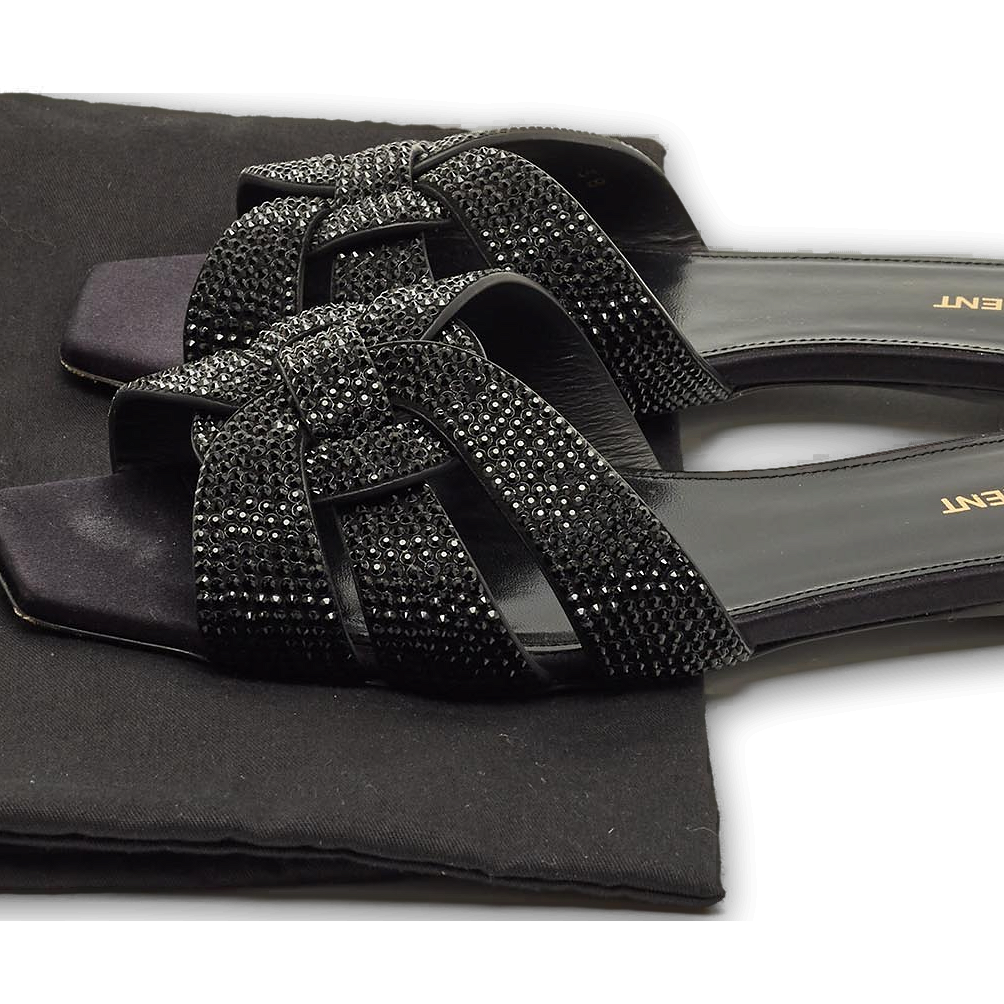 Tribute Black Leather Flat Slides 9