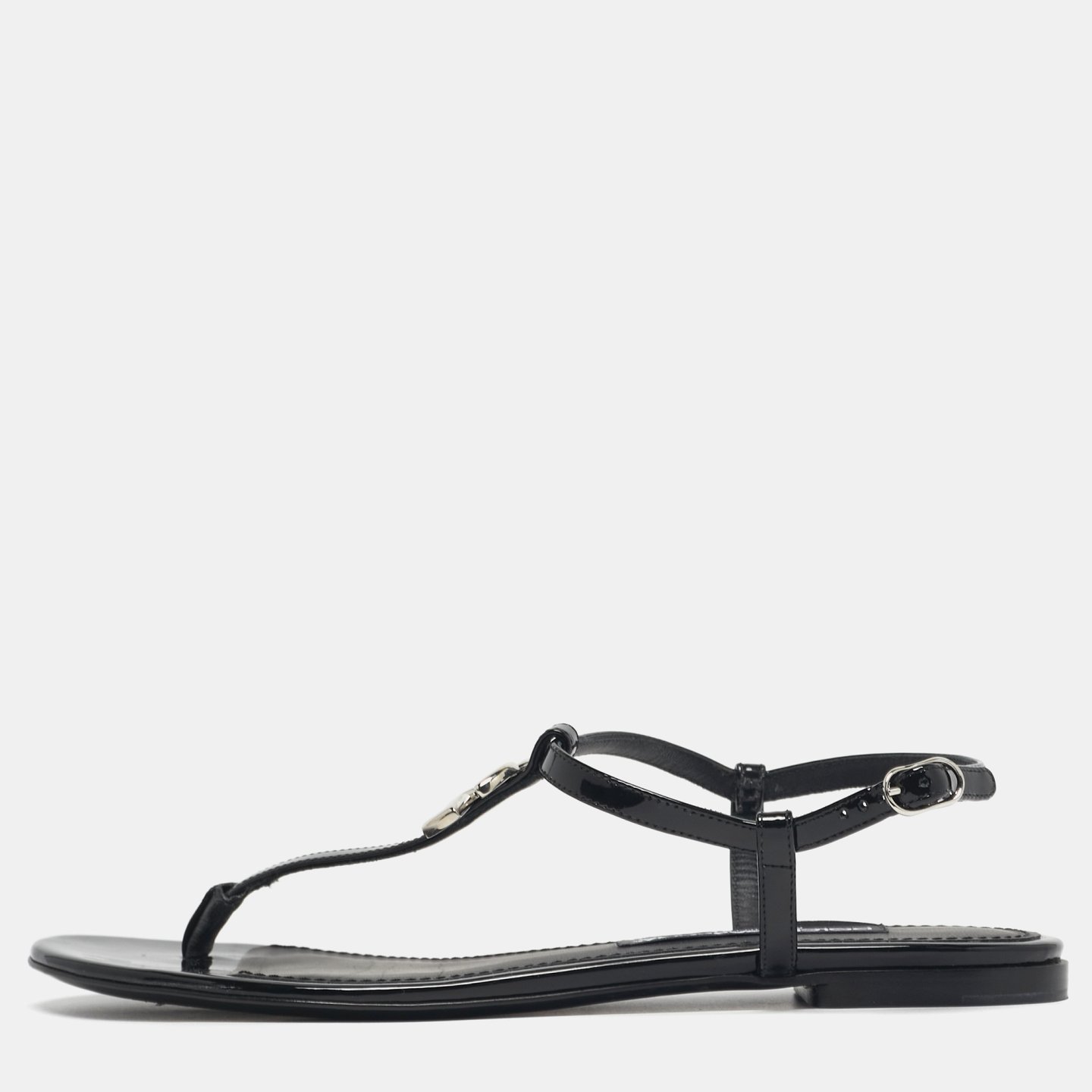 DG Logo Black Patent Leather Thong Flats 7
