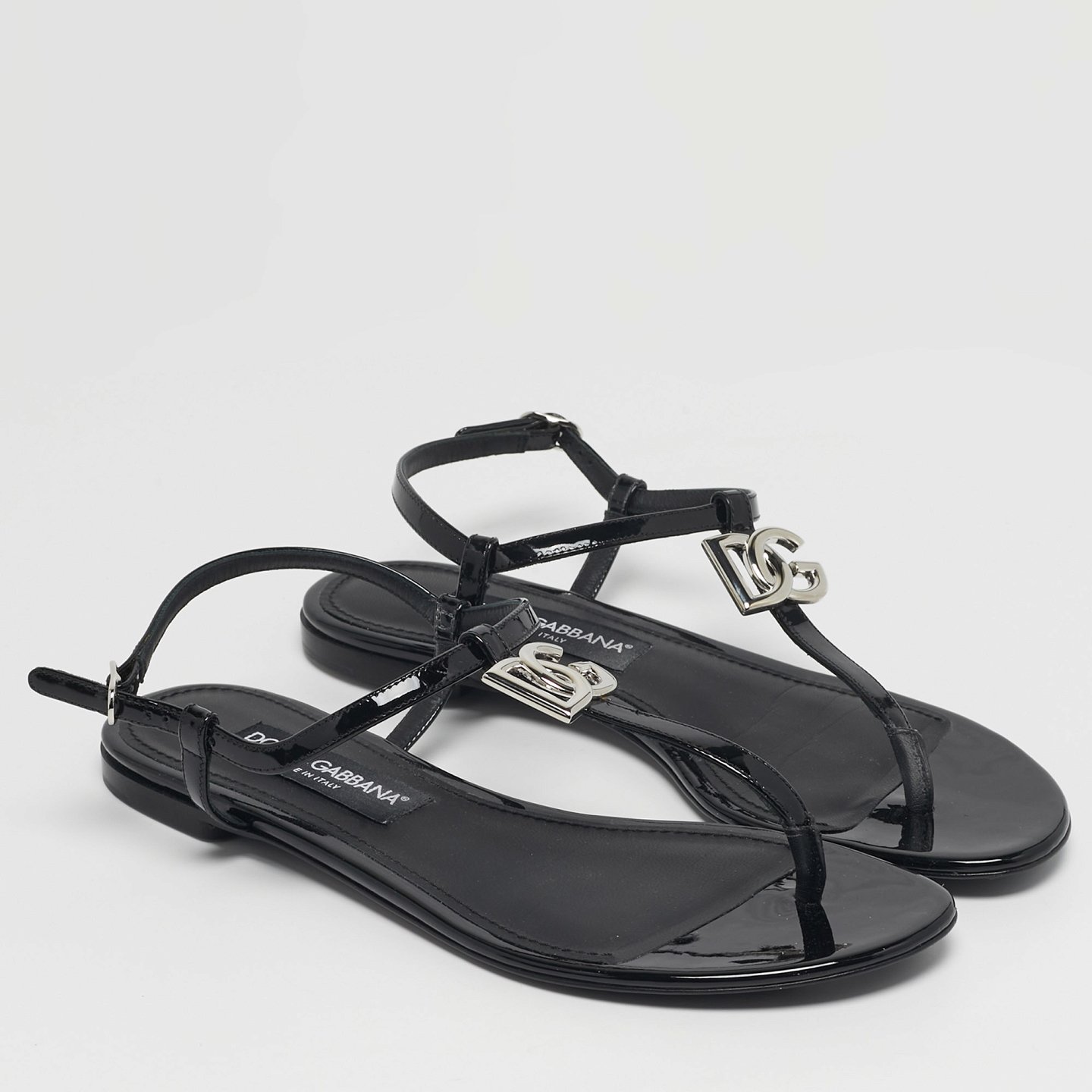 DG Logo Black Patent Leather Thong Flats 3