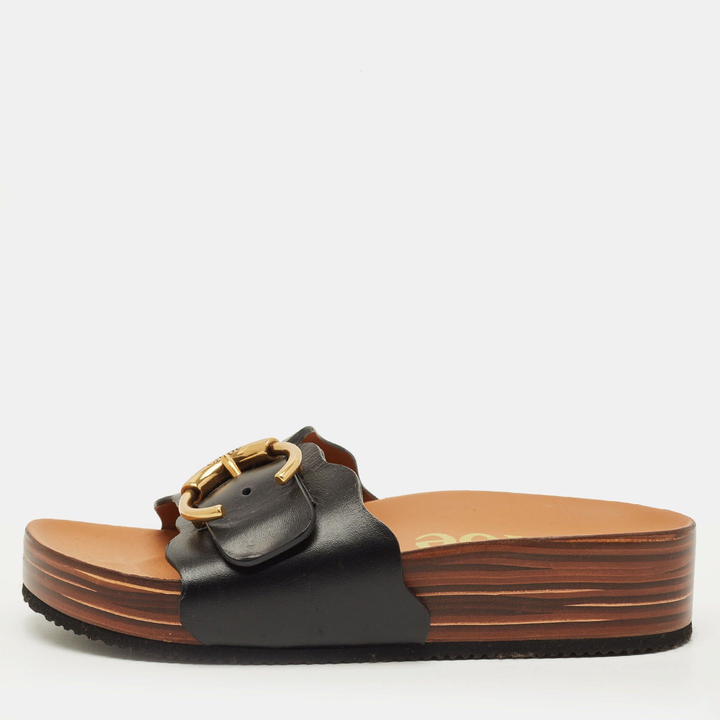 Laurena Scalloped Black Leather Slide Sandals 1