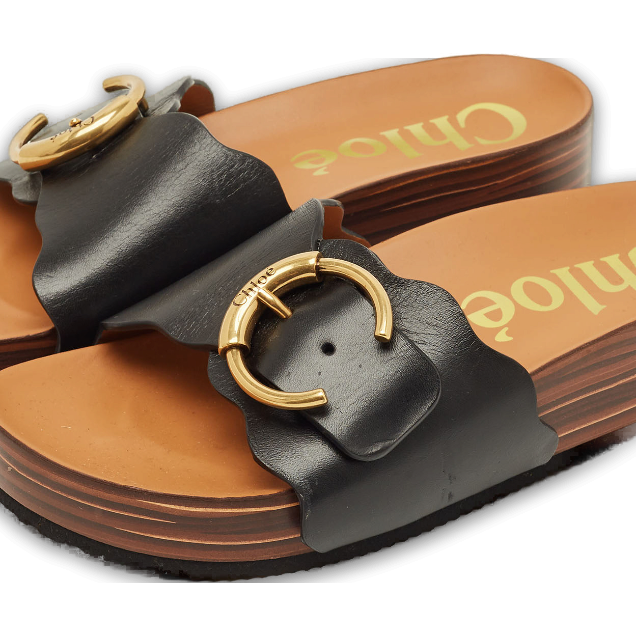 Laurena Scalloped Black Leather Slide Sandals 0