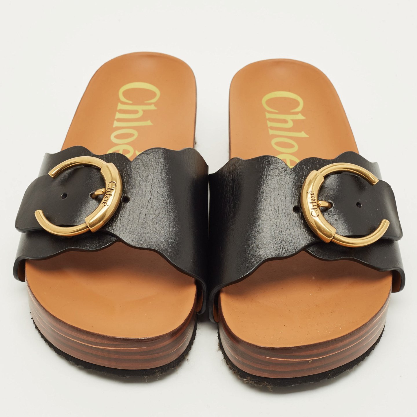 Laurena Scalloped Black Leather Slide Sandals 3