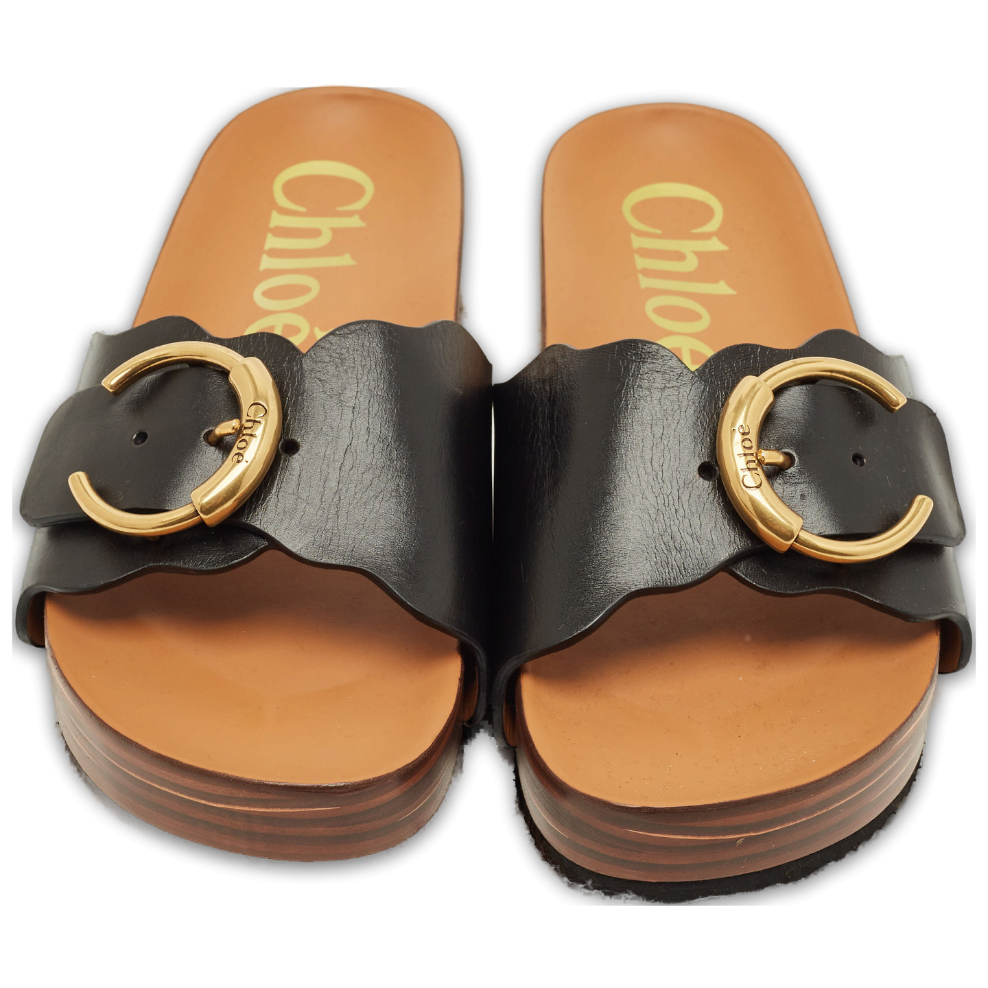 Laurena Scalloped Black Leather Slide Sandals 4