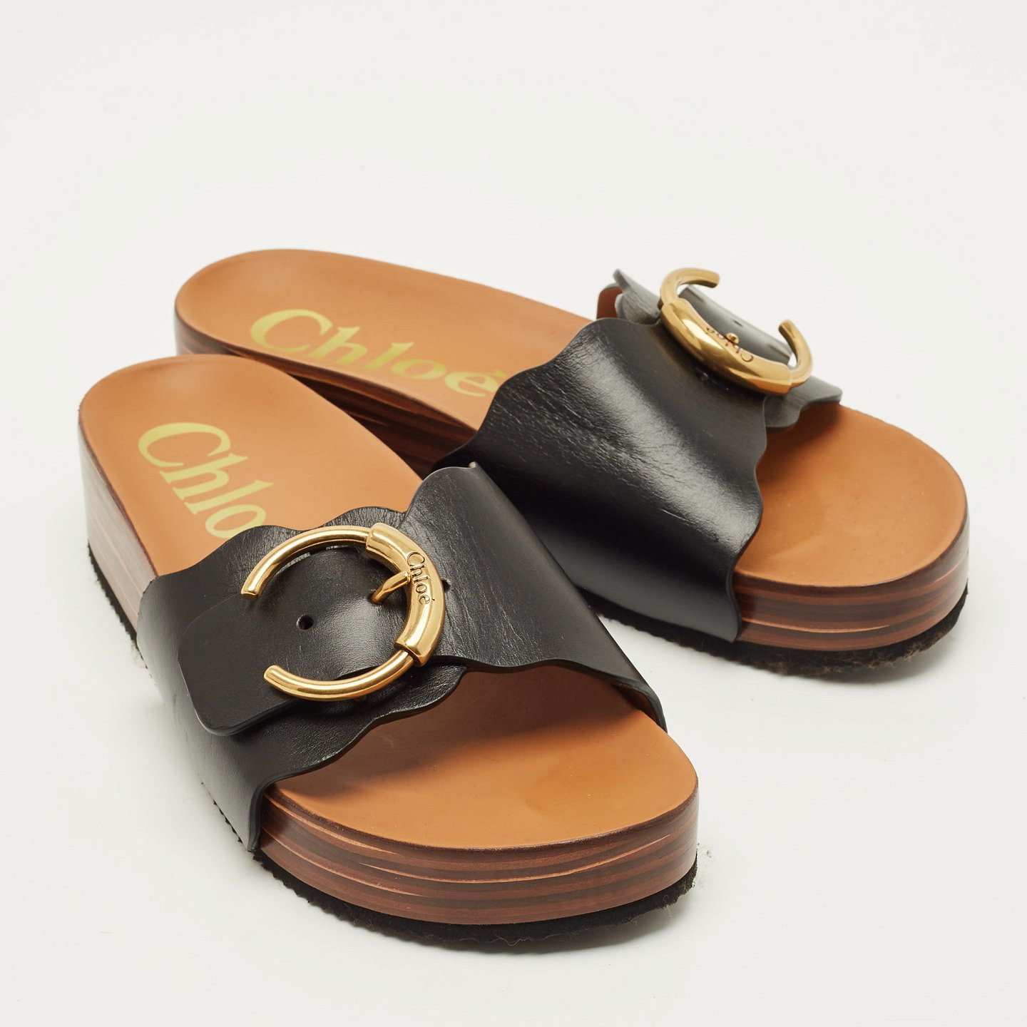 Laurena Scalloped Black Leather Slide Sandals 5