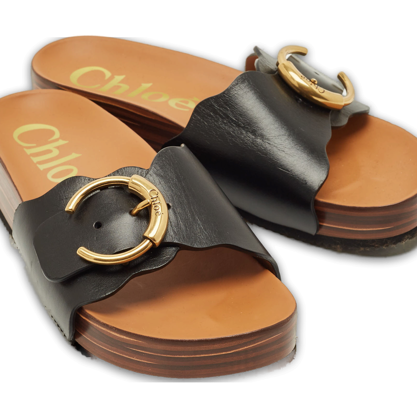 Laurena Scalloped Black Leather Slide Sandals 6