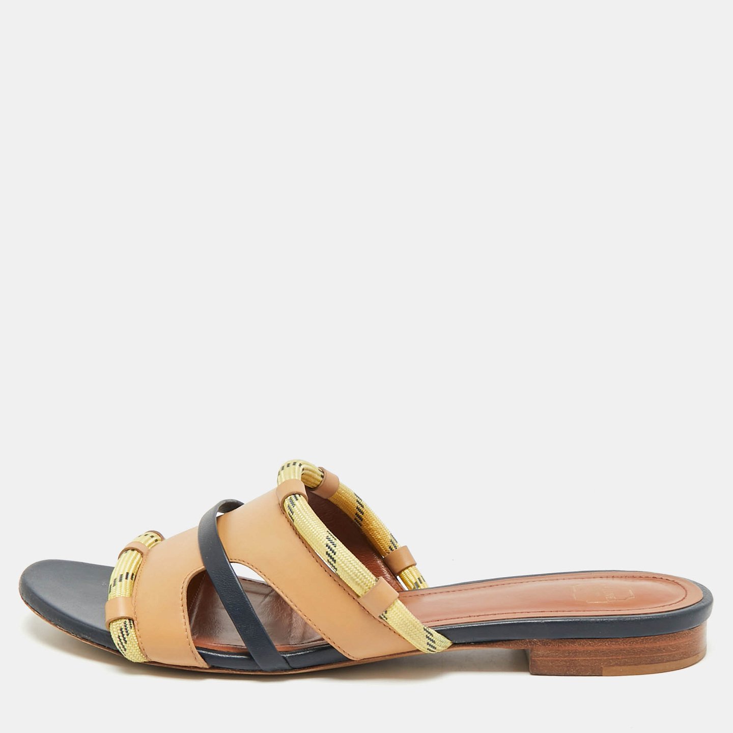 Beige/Navy Blue Canvas and Leather Flat Slides 1