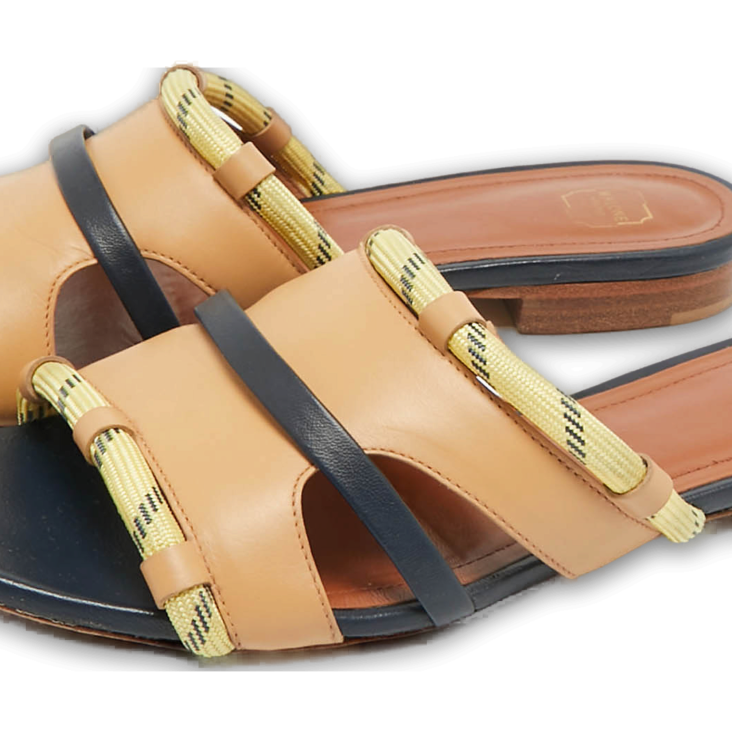 Beige/Navy Blue Canvas and Leather Flat Slides 0