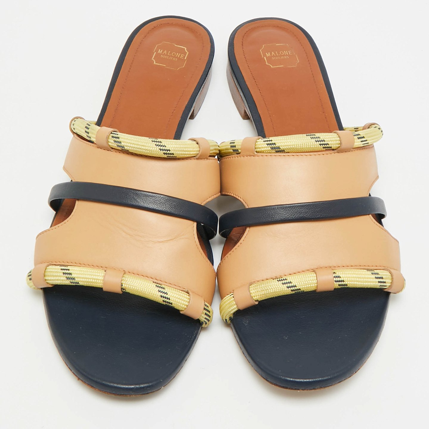Beige/Navy Blue Canvas and Leather Flat Slides 3