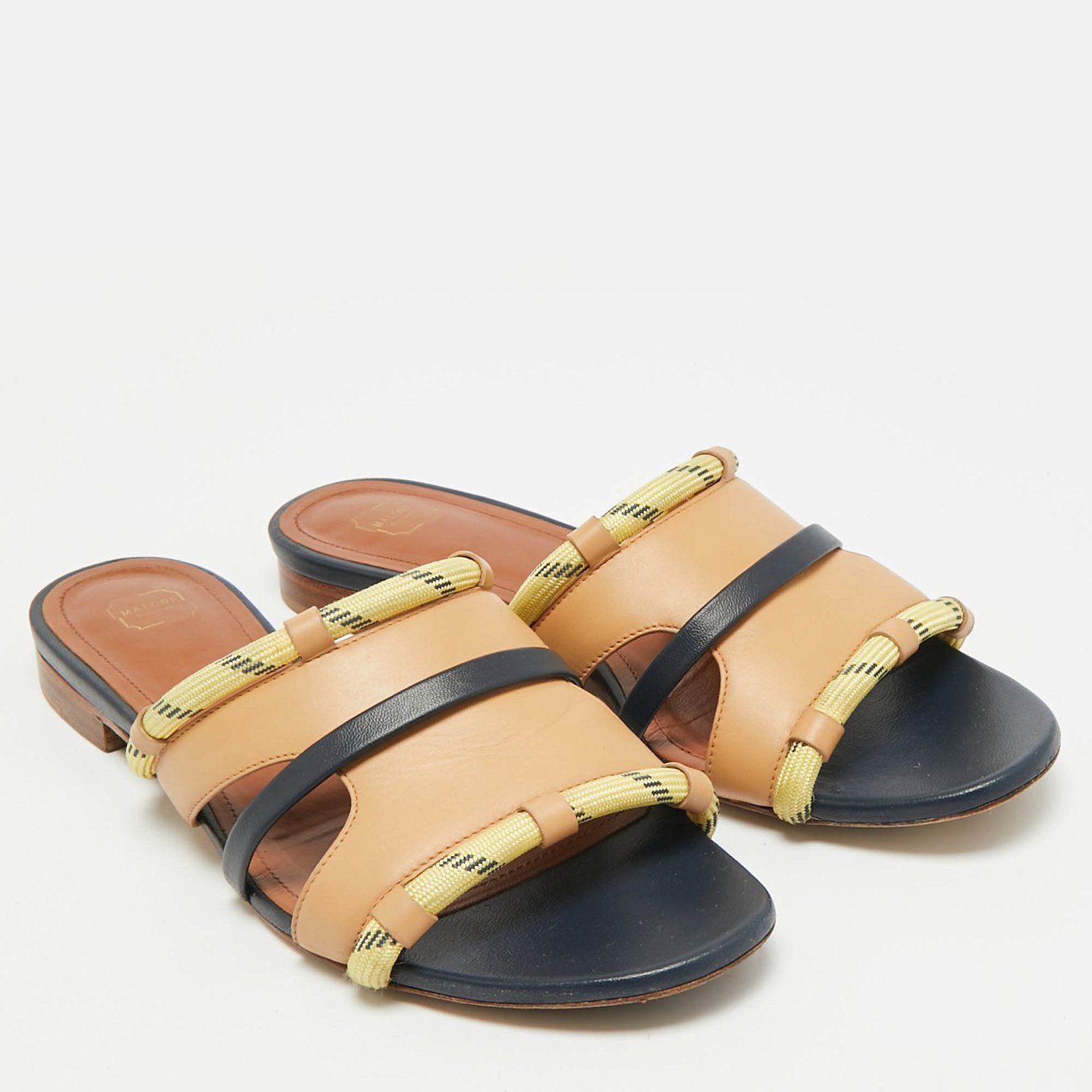Beige/Navy Blue Canvas and Leather Flat Slides 4