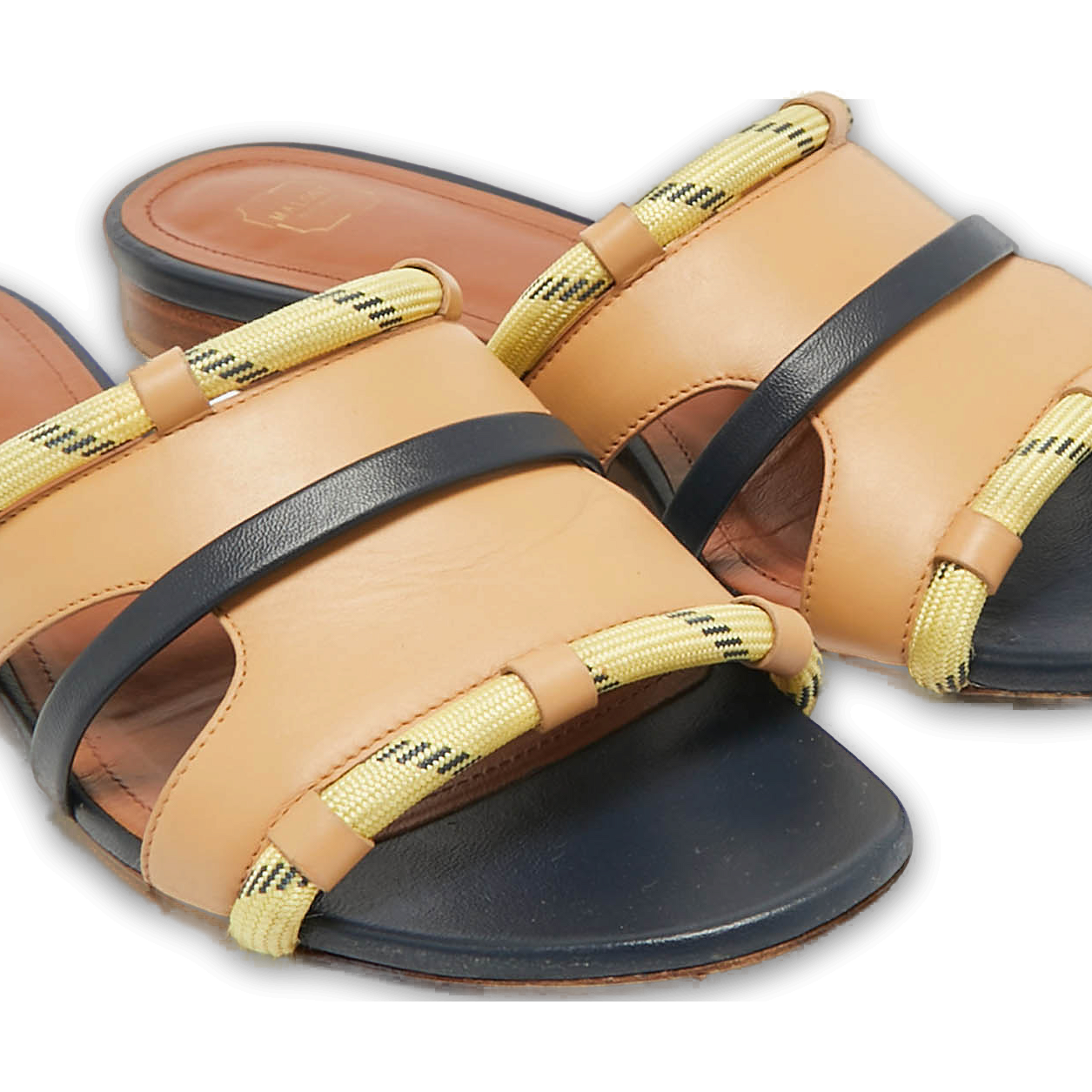 Beige/Navy Blue Canvas and Leather Flat Slides 5