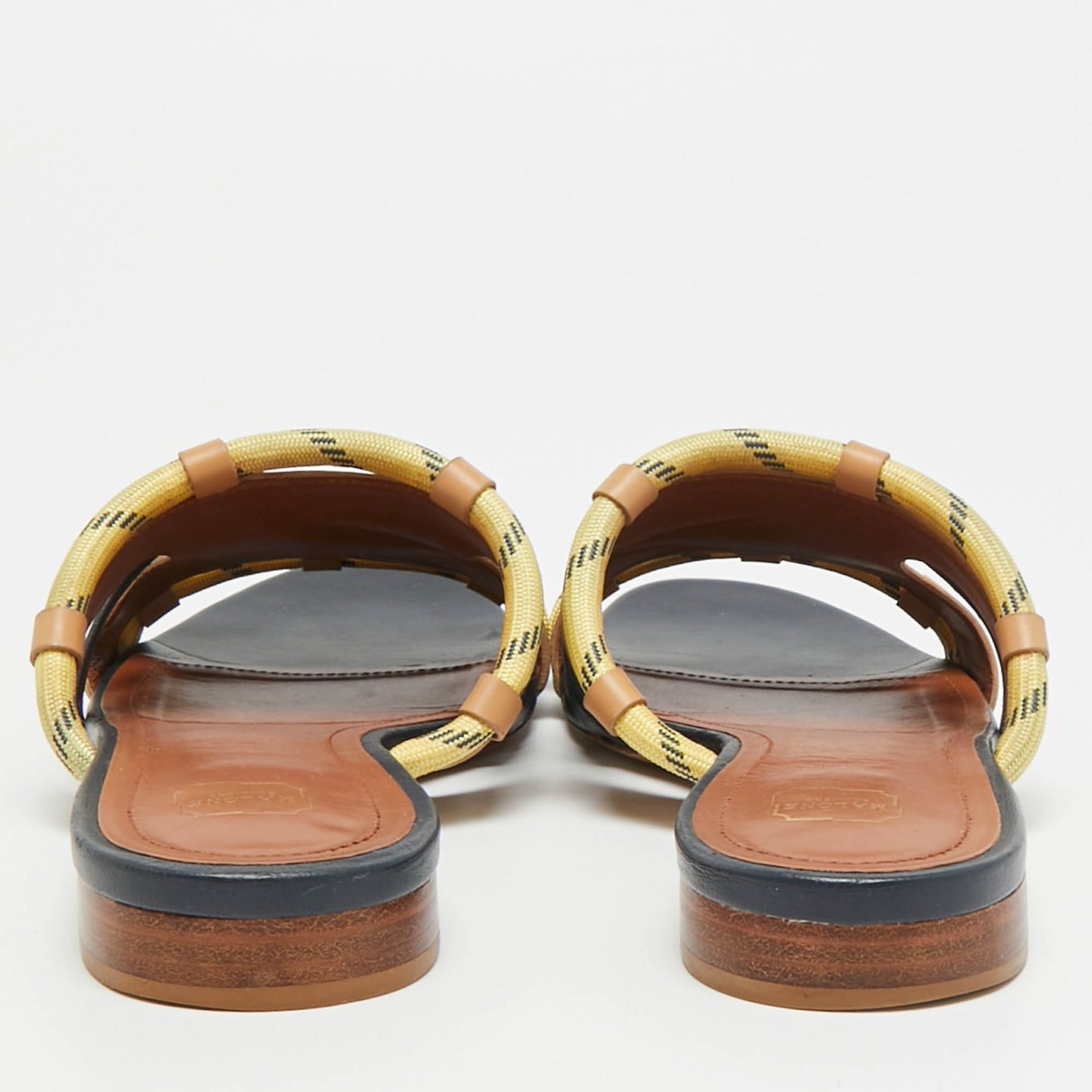 Beige/Navy Blue Canvas and Leather Flat Slides 7