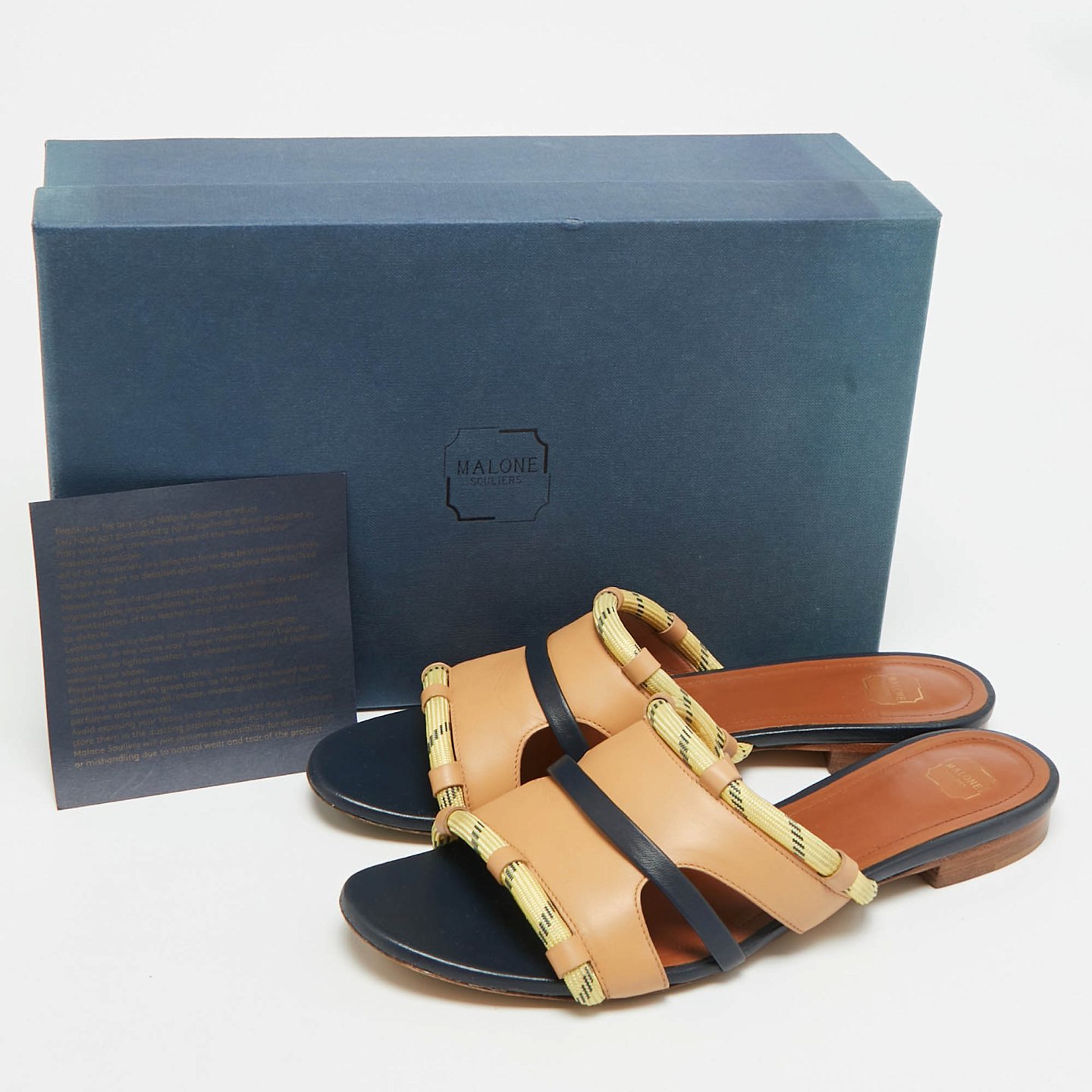 Beige/Navy Blue Canvas and Leather Flat Slides 9