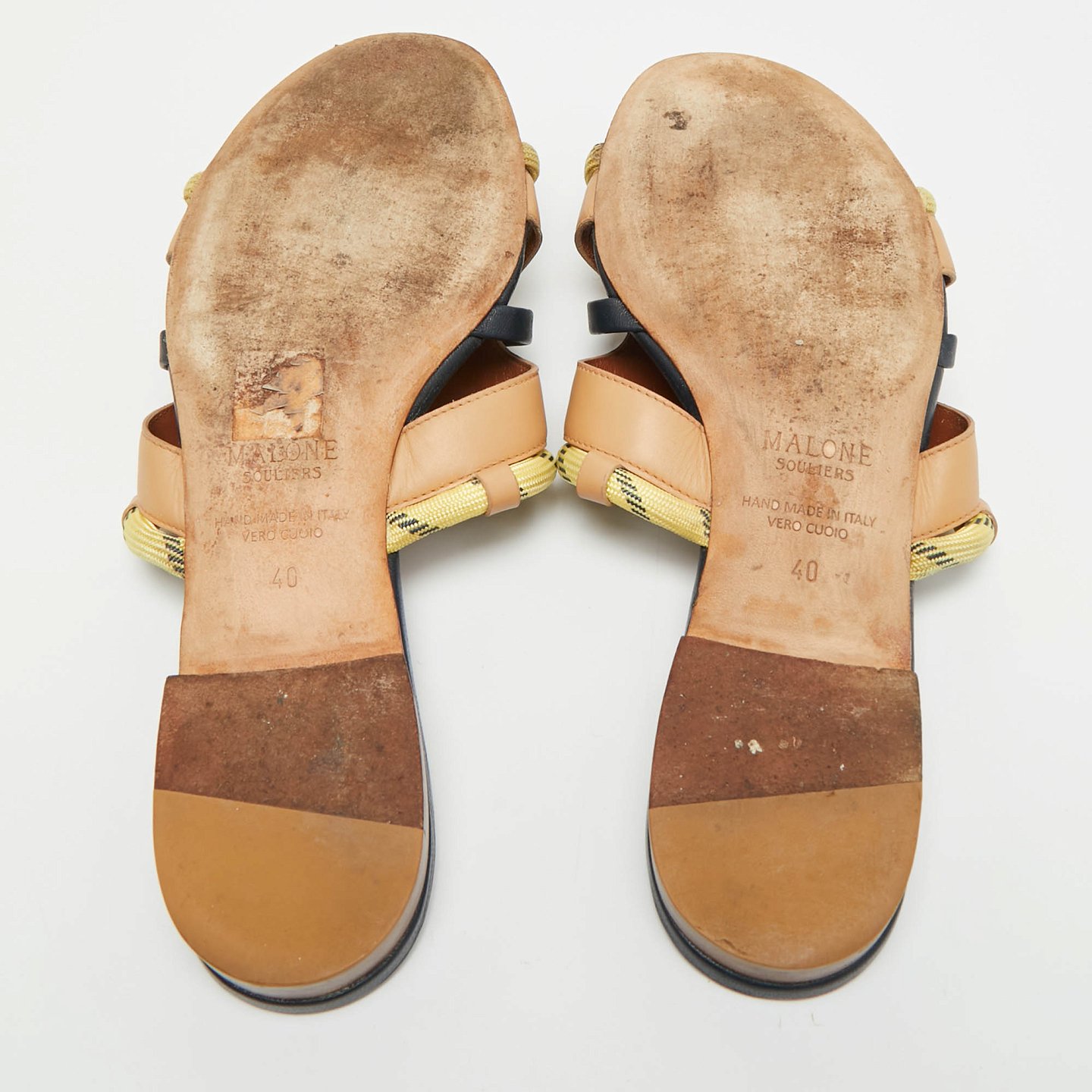 Beige/Navy Blue Canvas and Leather Flat Slides 10