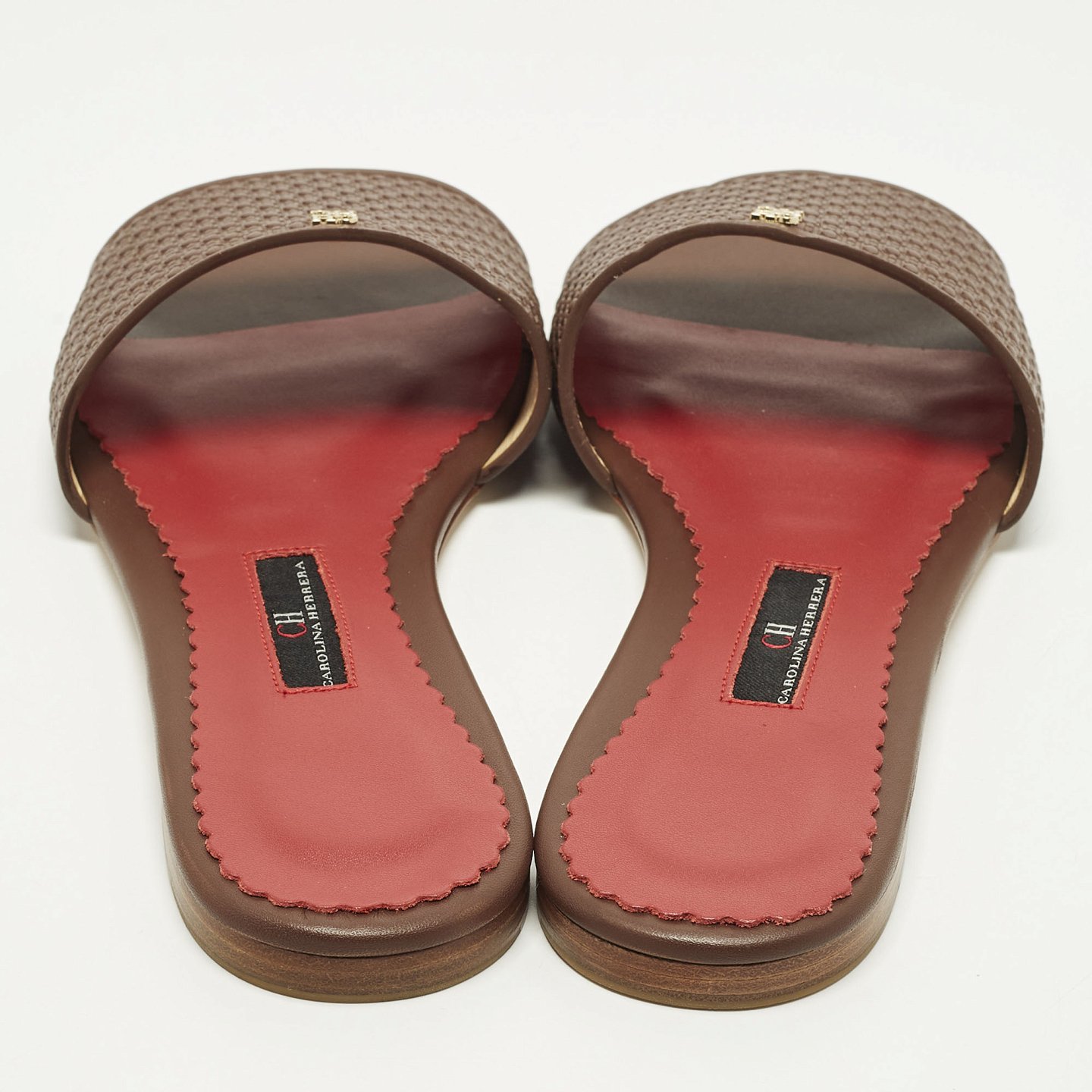 Burgundy Monogram Embossed Leather Flat Slide Sandals 7