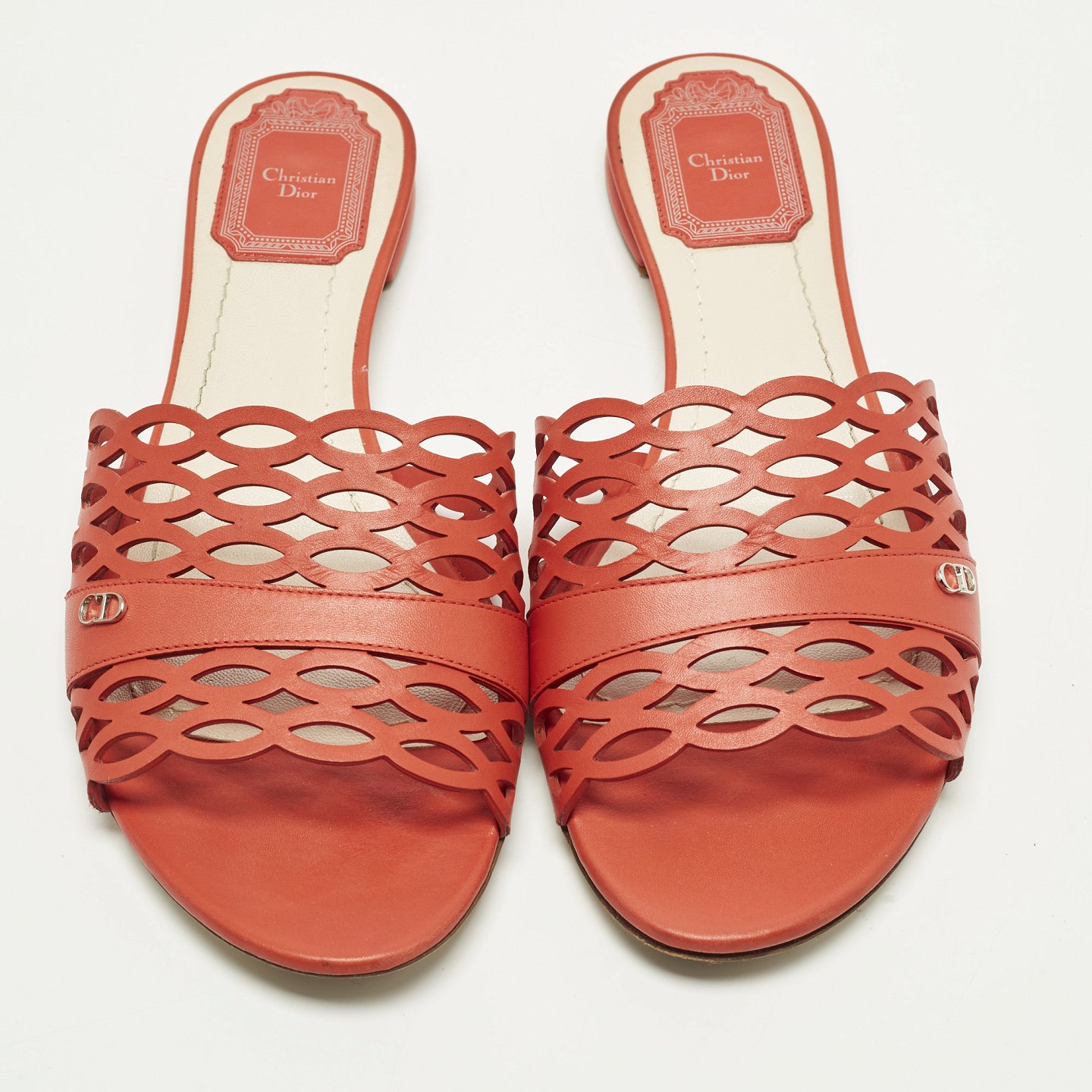Red Laser Cut Leather Tattoo Peep Toe Slides 3