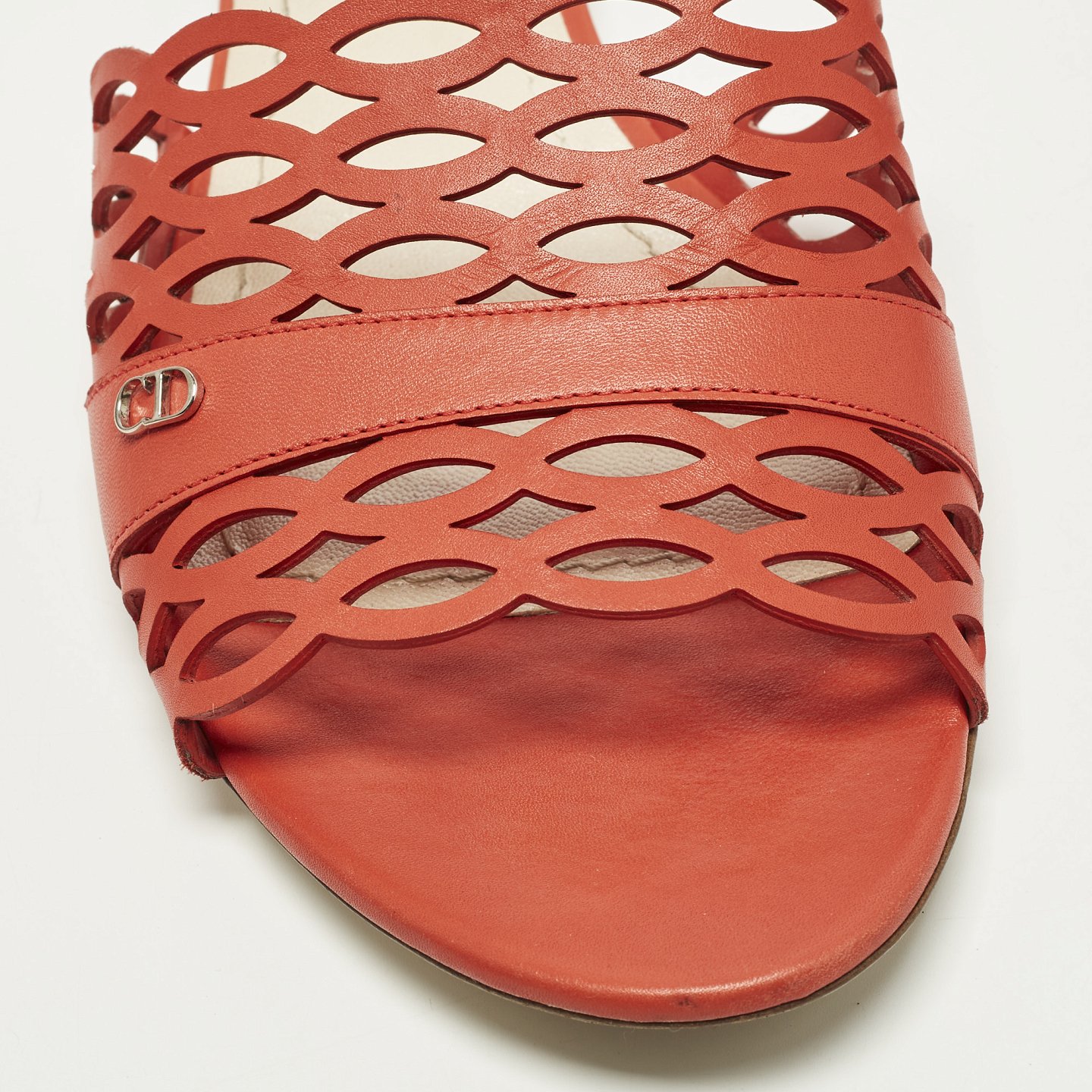 Red Laser Cut Leather Tattoo Peep Toe Slides 8