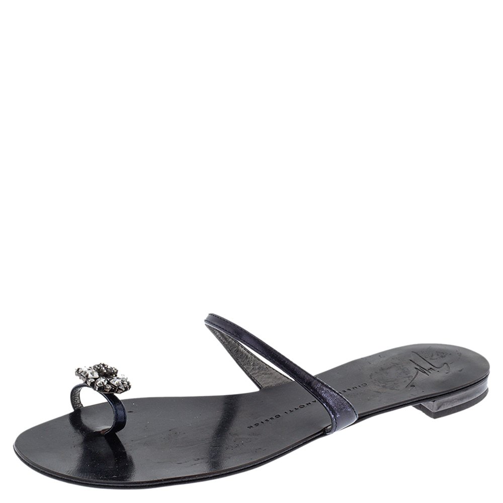 GIU Black Leather Crystal Embellished Toe Ring Flats Size 38 3