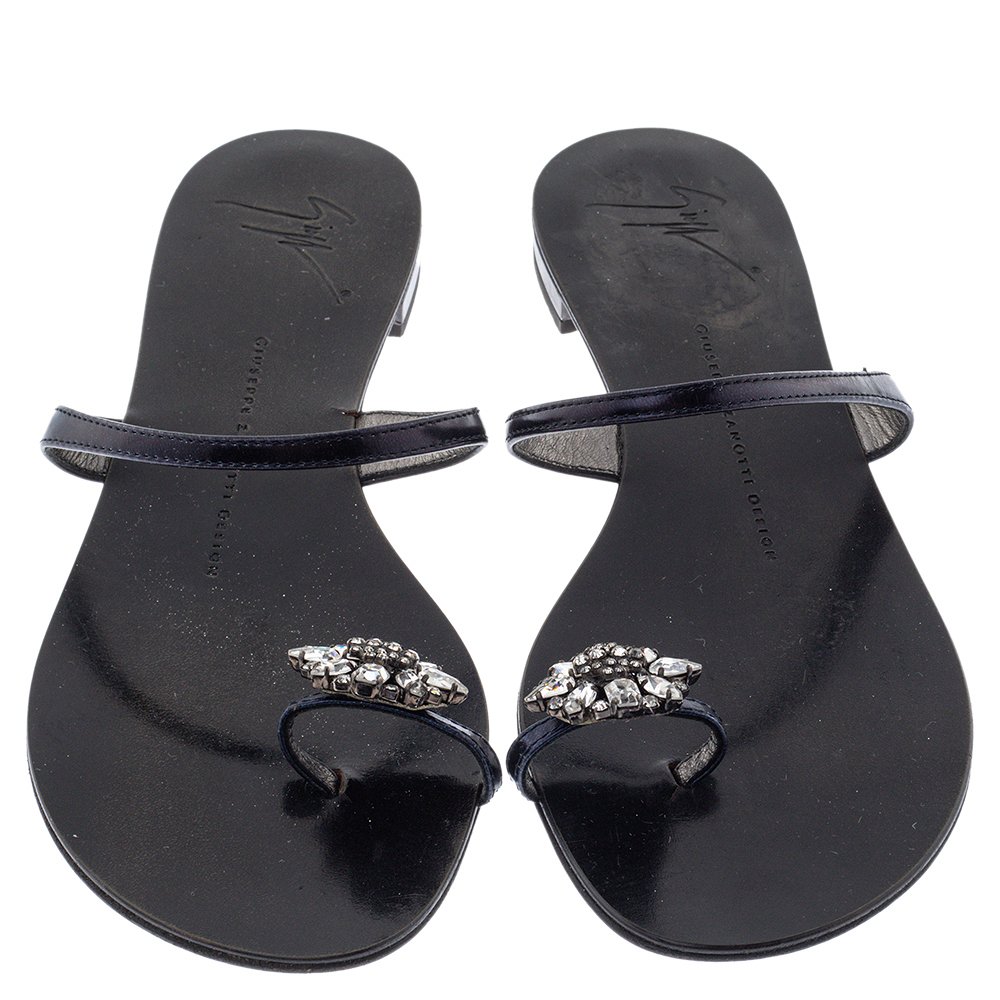GIU Black Leather Crystal Embellished Toe Ring Flats Size 38 4