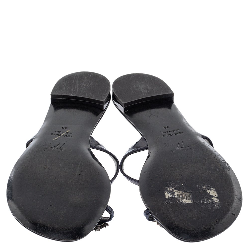 GIU Black Leather Crystal Embellished Toe Ring Flats Size 38 6