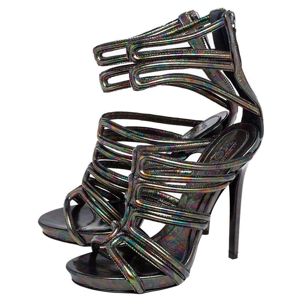 Multicolor Oil Slick Texture Leather Gladiator Sandals 7